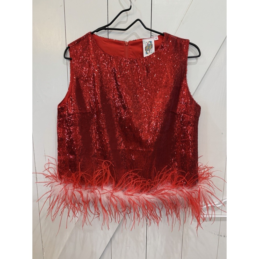 QUEEN OF SPARKLES Red Sequin Tank Red White Feathers Medium Christmas Valentine